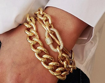 Chunky Gold Cable Chain Bracelet, Pave Carabiner Statement Jewelry