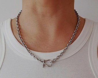 Chunky White Gold Horseshoe Shackle Necklace: Charm Holder