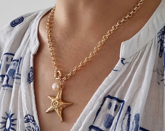Gold Starfish Charm Necklace: Freshwater Pearl, Beachy Ocean Jewelry