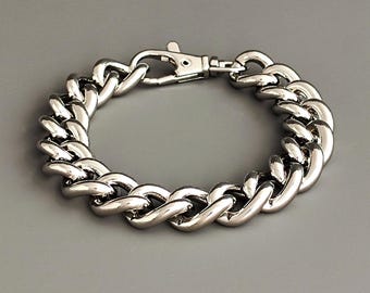Chunky Silver Tone Cuban Link Bracelet, Thick Heavy Chain Bracelet, Minimalist Jewelry