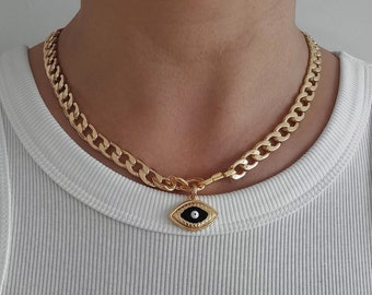 Chunky Gold Evil Eye Choker Necklace: 3D Protection Pendant