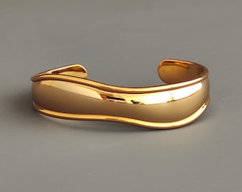 18K Gold Tone Wave Cuff Bracelet, 15 mm Wide Thick Cuff, Stacking Wristband
