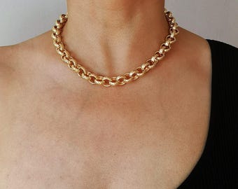 Chunky 18K Gold Tone Hammered Rolo Chain Necklace: Statement Choker