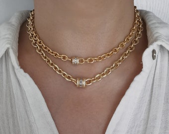 Chunky Gold Link Chain Choker Necklace With Pave Rondelle Charm, Statement Choker, Stacking Necklace, Minimalist Choker Necklace