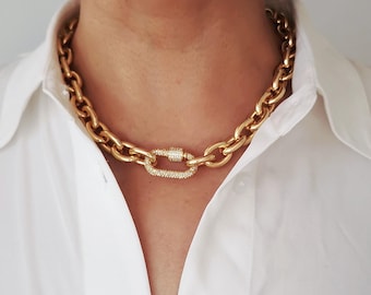 Pave Carabiner Choker: Chunky Gold Oval Link Chain Necklace