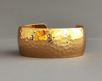 Hammered 18K Gold Plated Wide Cuff Bracelet, Statement Bangle