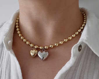 Two Tone Double Heart Charm Choker Necklace, Chunky Gold Ball Chain Necklace, Mixed Metal Necklace, Puffy Heart Necklace, Love Necklace