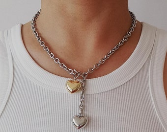 Two-Tone Heart Charm Choker Necklace: Gold & Silver Lariat necklace