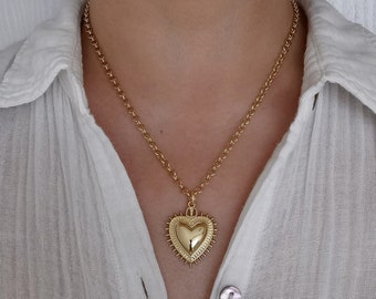 Chunky Gold Laser Engraved Heart Charm Necklace, Love Necklace, Gift For Her