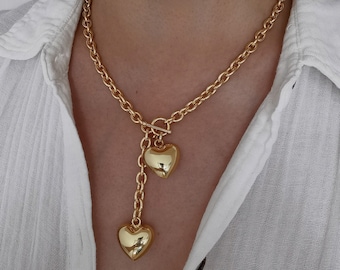 18K Gold Double Heart Charm Lariat Necklace, Chunky Statement Heart Charm Necklace, Toggle Clasp Necklace,  Love Necklace