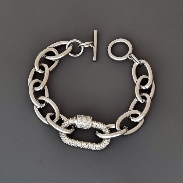 Chunky Thick Cable Chain Bracelet White Gold, Pave Carabiner Bracelet, Silver Chunky Bracelet, Silver Statement Bracelet,