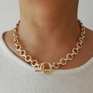 14K Gold Filled Chunky Link Choker Necklace: Charm Holder Toggle Clasp