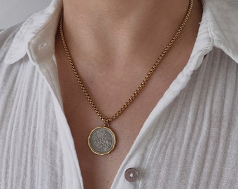 Lucky Six Pence Coin Necklace, U.K Elizabeth Coin Necklace, Mixed Metal Necklace, Gold Coin Necklace, Two Tone Necklace