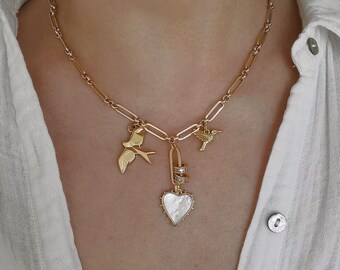 Chunky Gold Multi Charm Necklace, Stack Charm Necklace, Heart Charm Necklace, Swallow Necklace, Stackable Necklace