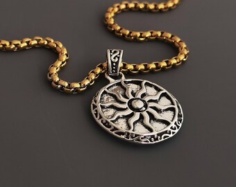 Two Tone Chunky Sun Charm Necklace, Unique Sun Pendant Necklace, Mixed Metals Necklace, Waterproof Necklace, Unisex Necklace