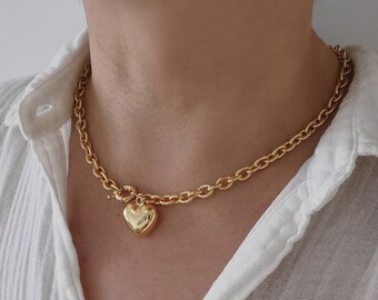 Puffy Heart Necklace, Gold Chain Choker Necklace, Minimalist Heart Necklace, Front Clasp Necklace, Anniversary Necklace, Gift For Her