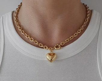 Puffy Heart Necklace, Gold Chain Choker Necklace, Minimalist Heart Necklace, Front Clasp Necklace, Anniversary Necklace, Gift For Her