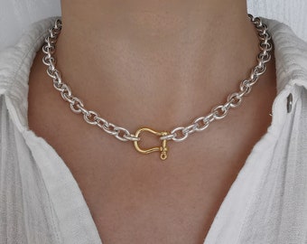 Two Tone Chunky Silver Link Chain Choker Necklace, Mixed Metal Necklace, Horseshoe Clasp Necklace
