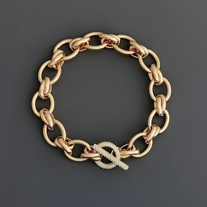 18K Gold Filled Chunky Chain Bracelet: Pave Toggle Clasp, 14mm Link