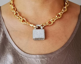14K Gold Tone Chunky CZ Padlock Choker, Chunky Charm Cable Chain Necklace