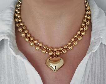 Chunky Puffy Heart Charm Necklace, Gold Ball Chain Necklace, Chunky Statement Charm Necklace, Layering Necklace Set