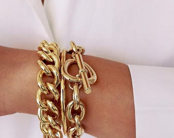 Chunky Gold Cuban Link Bracelet, 15mm Curb Chain Statement