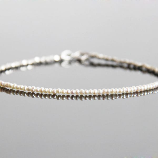 Tiny Pearl and Silver Beaded Bracelet, Mini Pearl Bracelet, 2mm Freshwater Pearl, Seed Pearl Bracelet, Dainty Pearl Bracelet