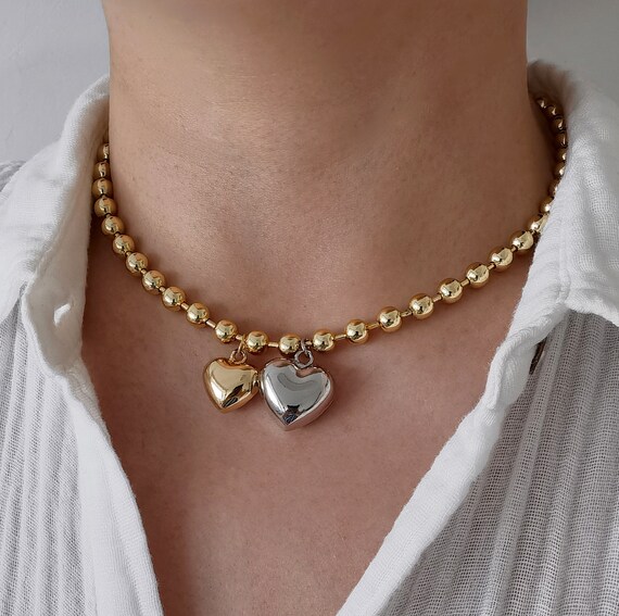 Double Heart Charm Choker Necklace, Mixed Metal Necklace