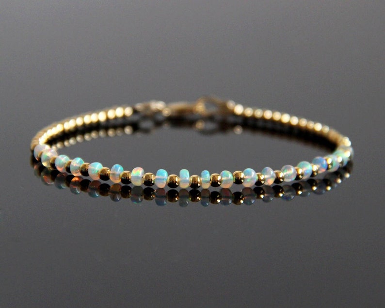 14K Gold Filled Opal Beaded Bracelet, Opalite Bracelet, Natural Opal, Fire Opal Bracelet, Opal Jewelry, October Birthstone Bracelet image 1