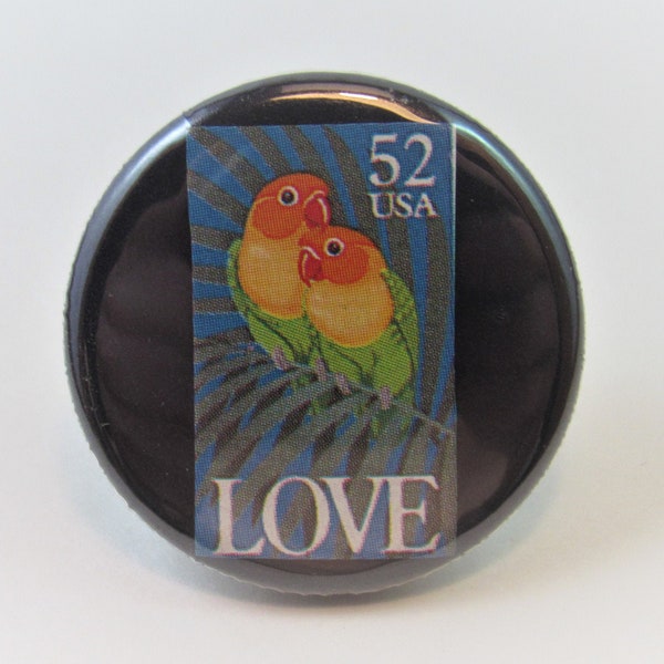 Love Stamp with Two Parrots Pin - 1.25" button