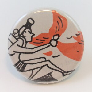 May include: A black and white illustration of a person with a backpack, running away from a large orange shape. The person is wearing a hat and has a determined expression on their face.