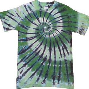 Green and Black Spiral tie dye t shirt, hand dyed in the U.K