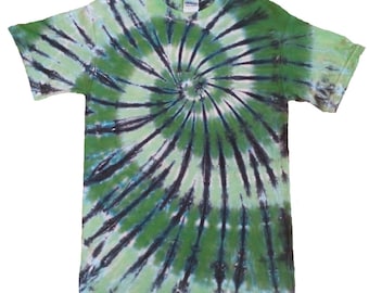 Green and Black Spiral tie dye t shirt, hand dyed in the U.K