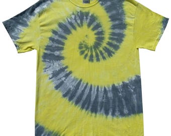 Yellow and Grey Spiral tie dye t shirt, hand crafted in the U.K