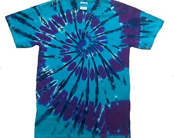 Blue and Purple Spiral tie dye t shirt, hand crafted in the U.K