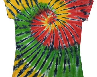Rasta Spiral Tie Dye T Shirt. Ladies.  Hand dyed in the UK by Sunshine Clothing.