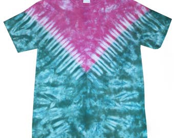 Pink and Green V tie dye t shirt, hand crafted in the U.K