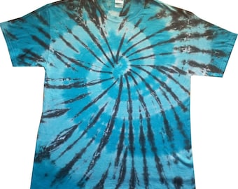 Blue and Black Spiral tie dye t shirt, hand dyed in the U.K