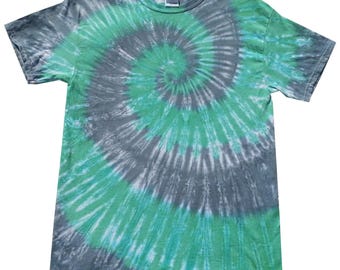 Green and Grey Spiral tie dye t shirt, hand crafted in the U.K
