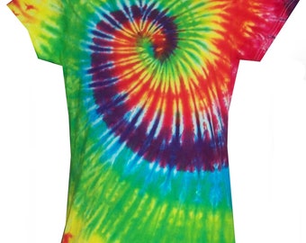 Bright Rainbow Spiral Tie Dye T Shirt. Ladies.  Hand dyed in the UK by Sunshine Clothing..