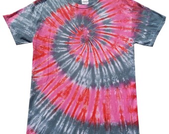 Pink and Grey Spiral tie dye t shirt, hand crafted in the U.K