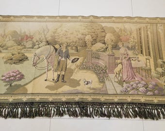 Französischer Vintage Gobelin / Wandbehang: Große Hirtenszene mit Langen Fransen