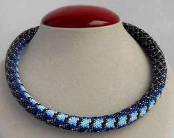 Beaded necklace for women Handmade bead necklace Bead crochet necklace Bright jewelry gift for her Beaded jewelry Blue feminine necklace