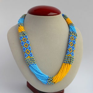 Beaded necklace blue yellow Ukrainian flag Ukrainian necklace embroidered Ukrainian ornament Ukrainian jewelry Ukrainian Folk necklace gift