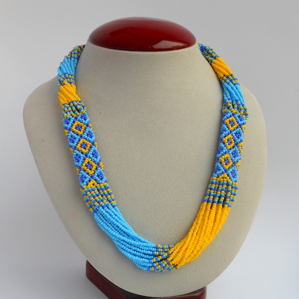 Beaded necklace blue yellow Ukrainian flag Ukrainian necklace embroidered Ukrainian ornament Ukrainian jewelry Ukrainian Folk necklace gift