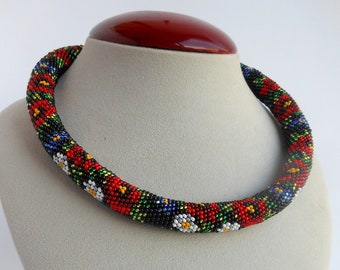 Crochet beaded Necklace flower Knitting crochet Beads ropes Ukrainian necklace Beaded jewelry Black necklace Ukrainian gift Floral necklace