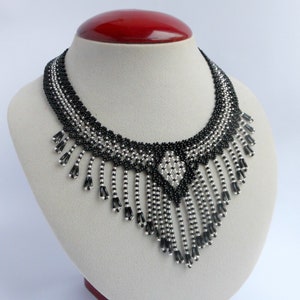 Beaded necklace with fringe , Black beaded jewelry for women , Seed bead necklace , Birthday gift for wife