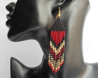Gift for her on Valentine's Day Long dangle earrings Fringe beads earrings boho earrings jewelry earrings Extra long red beaded earrings