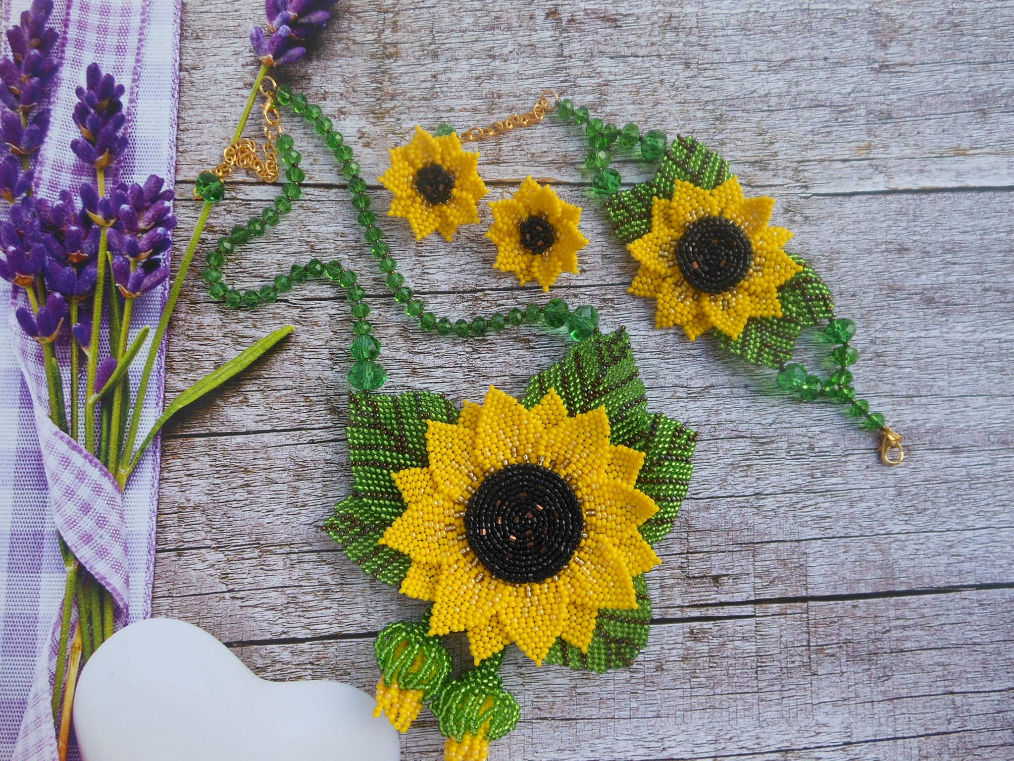 Sunflower Necklace Beaded Necklace Flower Necklace Jewelry Set Etsy