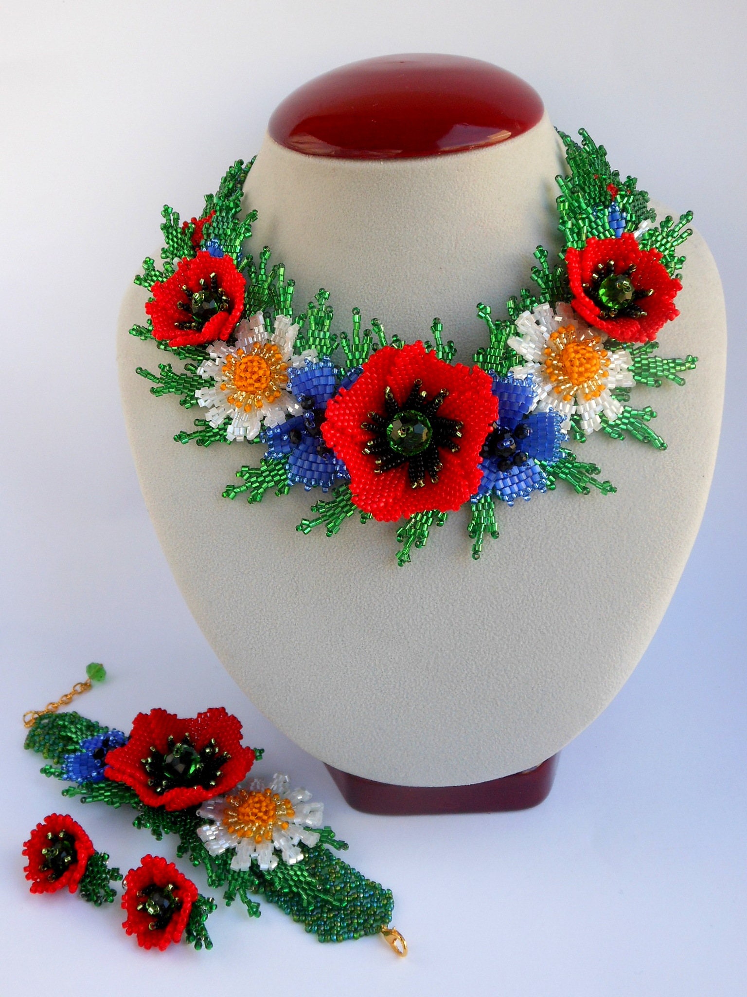 Beaded necklace red flowers Real flower necklace Beaded flower Etsy